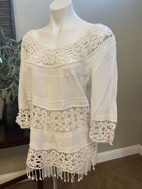 Lapis White Crochet Lace Boho Tunic Top